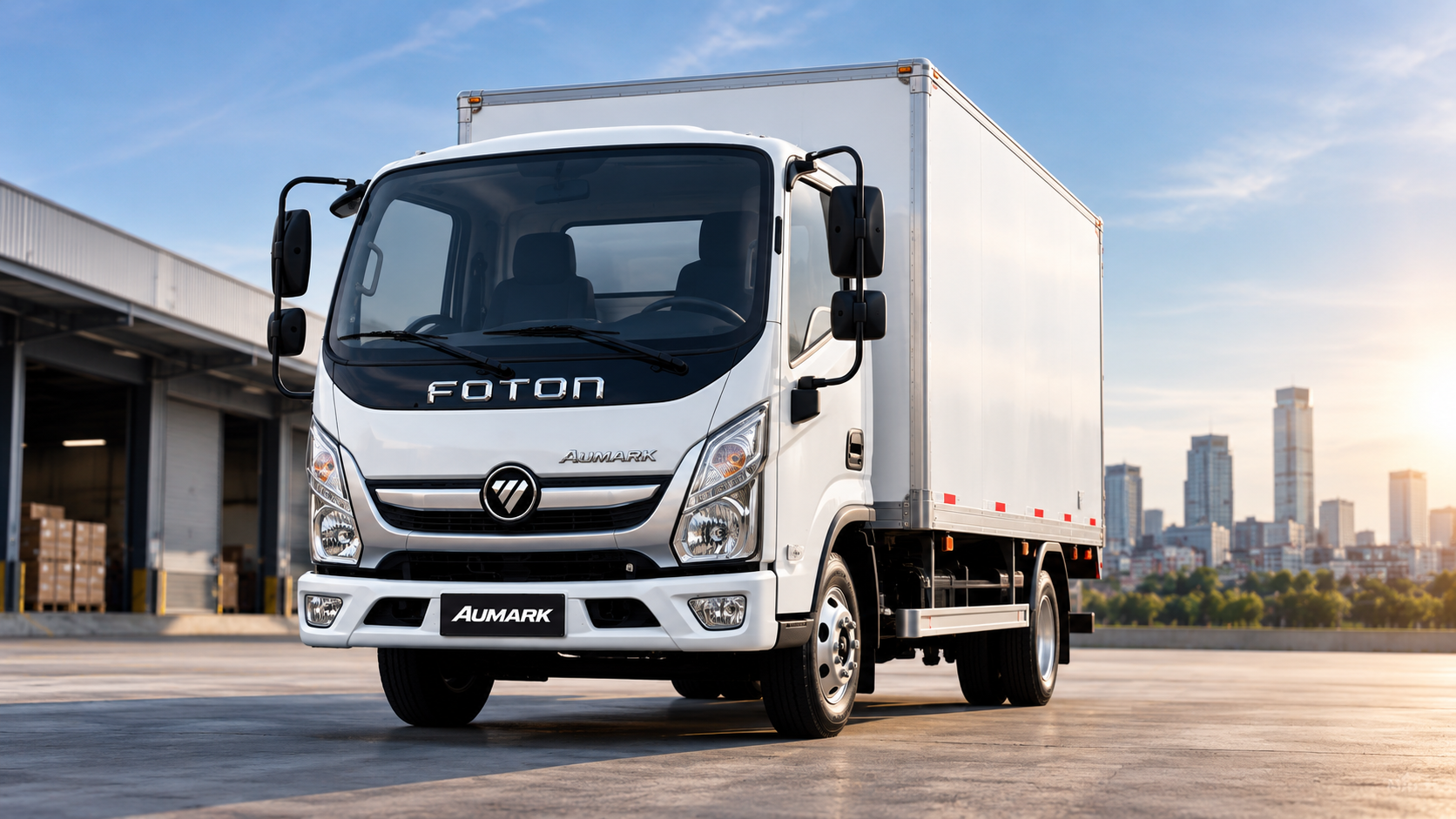 Camión FOTON AUMARK blanco con cajón cerrado para transporte de carga en Honduras.