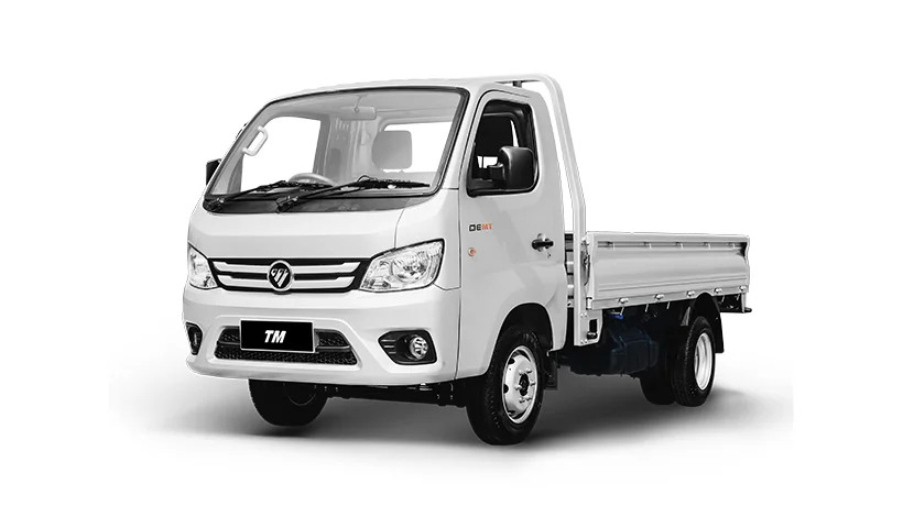 Camión liviano FOTON blanco con cabina sencilla y plataforma de carga abierta.